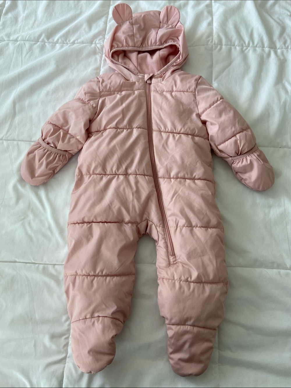 Baby Pink Puffer One-Piece Snowsuit with Hood